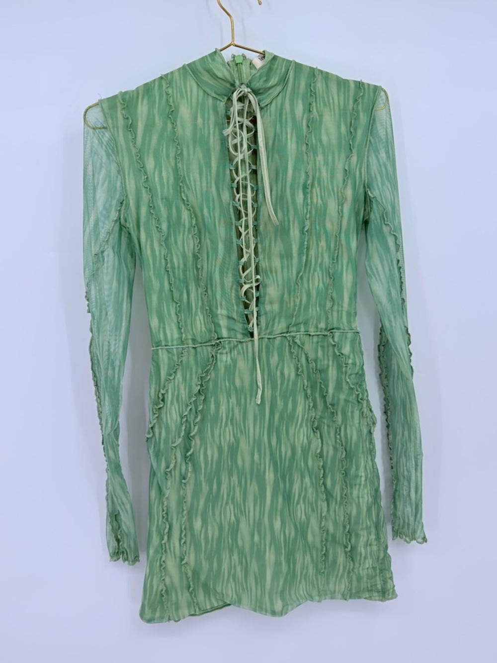 House of CB Green Mesh Lace Up Mini Dress Size Small Bodycon Sheer Long Sleeve